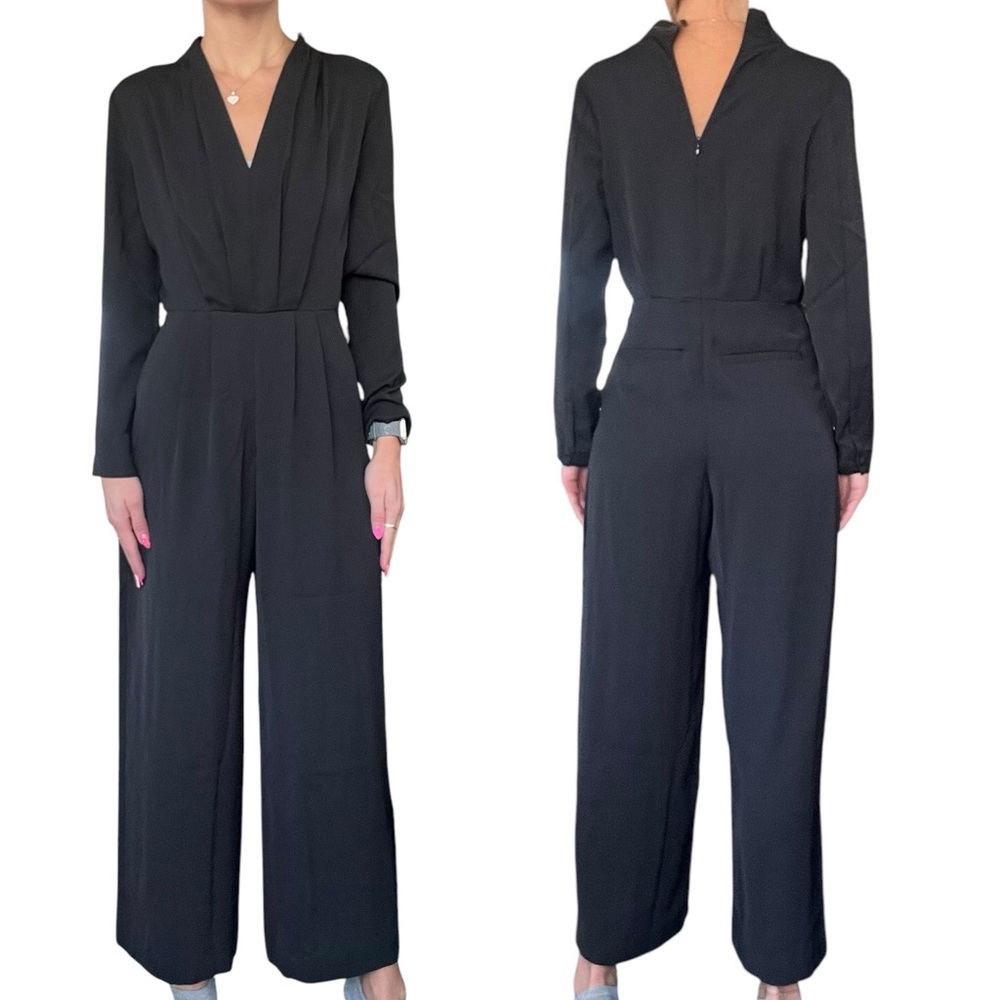Banana Republic Womens Petite XS Black Crepe Long Sl Deep V-neck Jumpsuit 535336